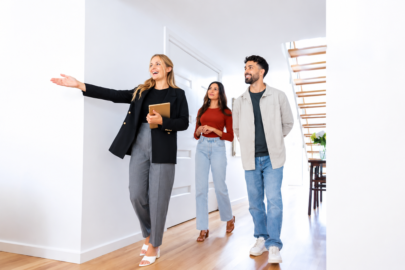 A real estate agent walking a homeowner couple through a bright, clean home during a pre-listing walkthrough